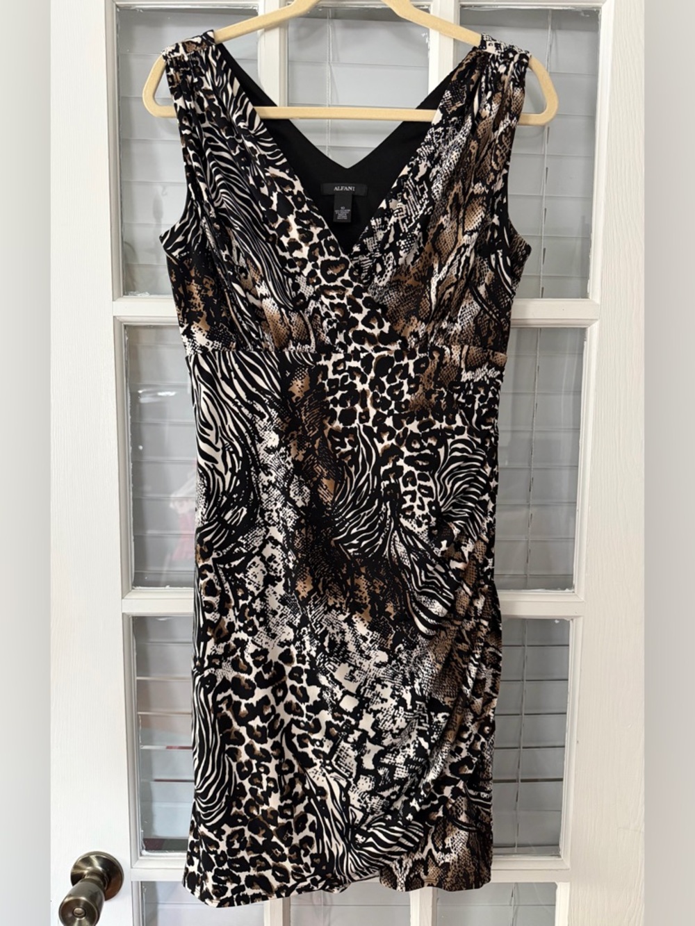 ALFANI Women’s 10 Black Brown Mixed Animal Print Ruched Sheath Dress‎ | SKU 0022